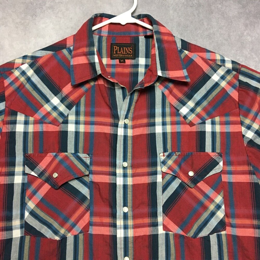 Plains Western Wear Mens Pearl Snap Shirt size Medium Short Sleeve Red Blue